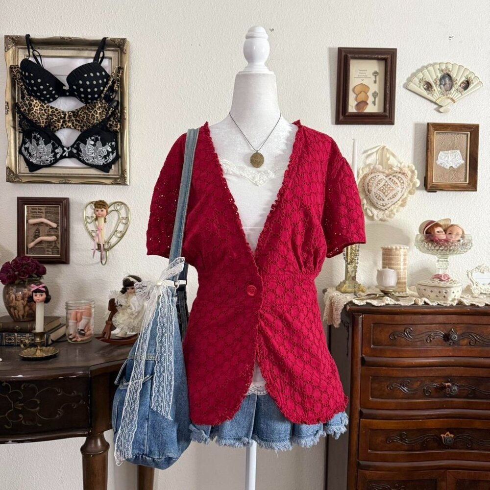 y2k girly grunge coquette red ruffle short sleeve jacket